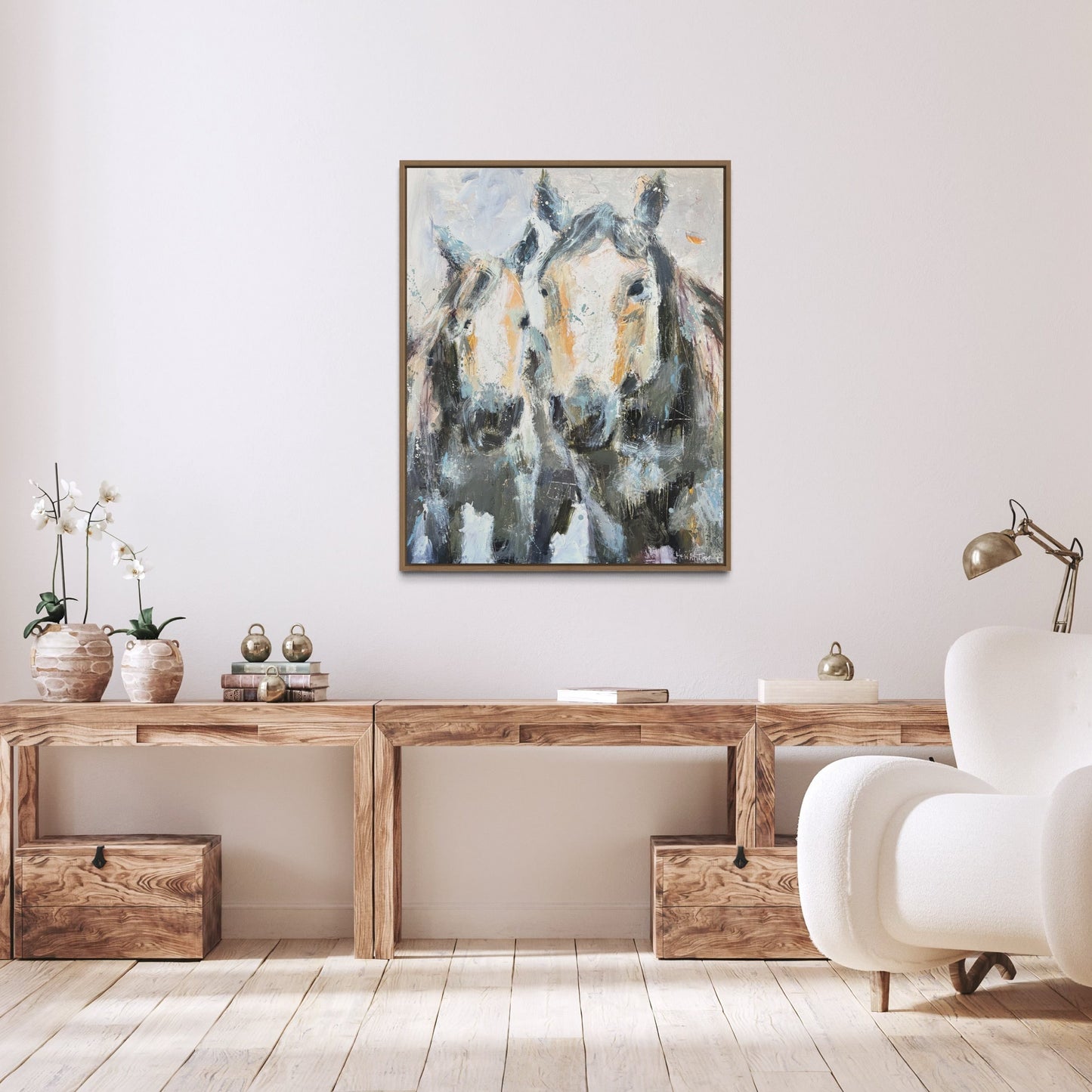 Double Trouble Abstract Horses by Australian Artist Rose Hewartson Original Abstract Painting on Canvas Framed 99x123 cm Statement Piece