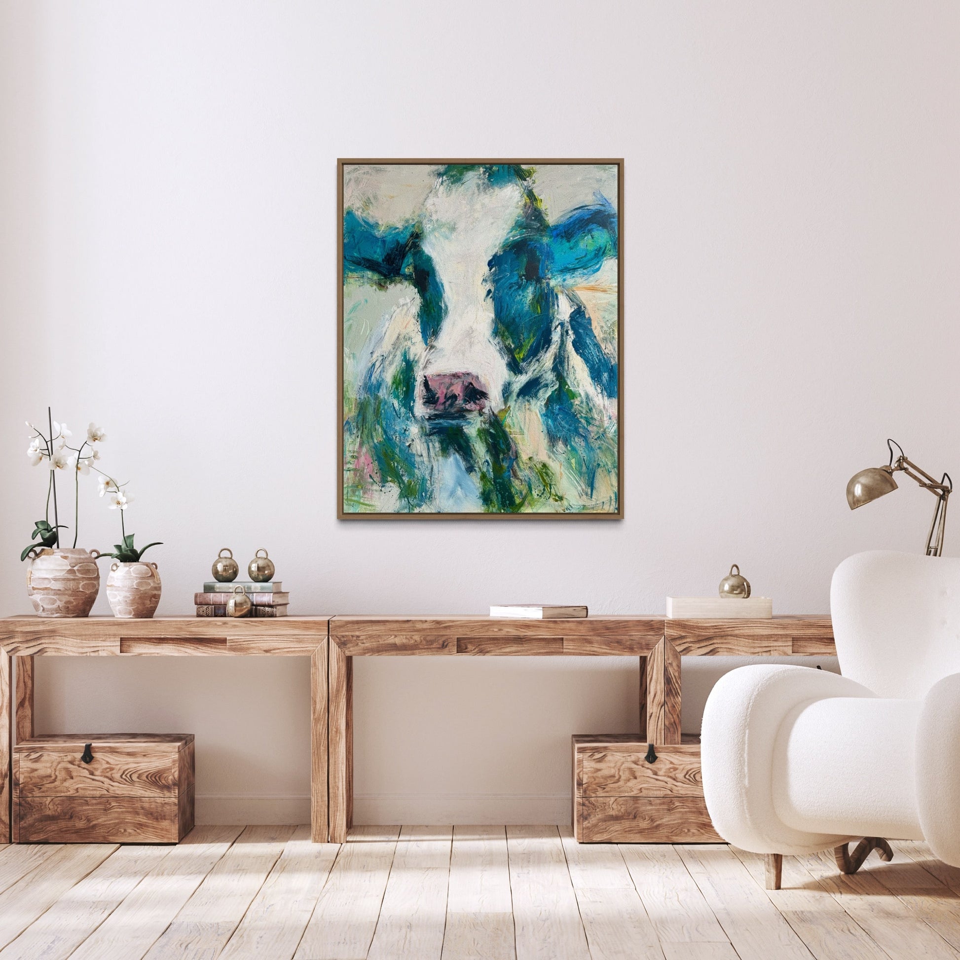 Mack - Abstract Cow by Australian Artist Rose Hewartson Original Abstract Painting on Canvas Framed 99x123 cm Statement Piece