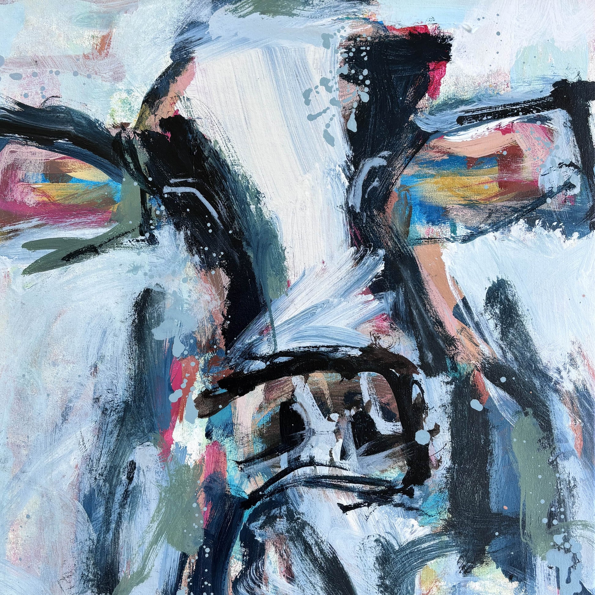 Sadie - by Australian Artist Rose Hewartson Original Abstract Cow Painting on Canvas Framed 40x40cm Small art piece