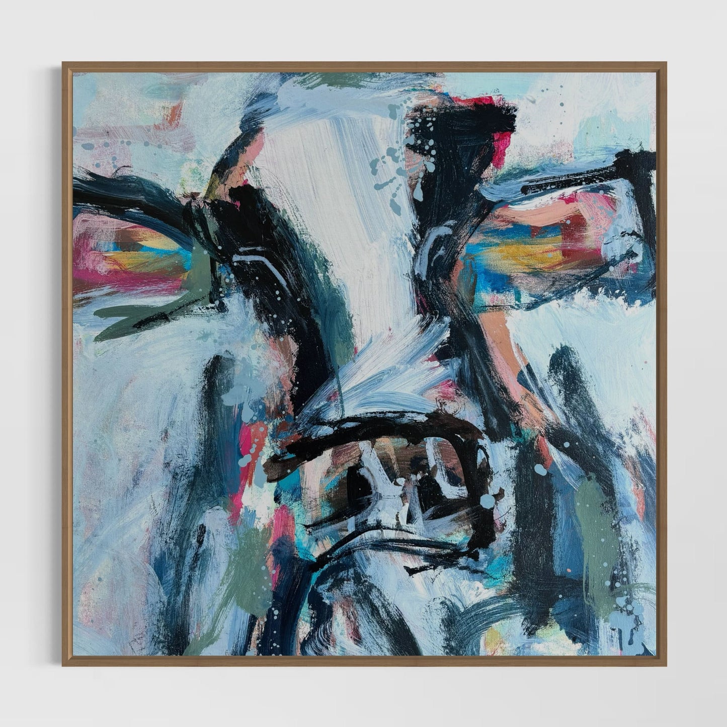 Sadie - by Australian Artist Rose Hewartson Original Abstract Cow Painting on Canvas Framed 40x40cm Small art piece